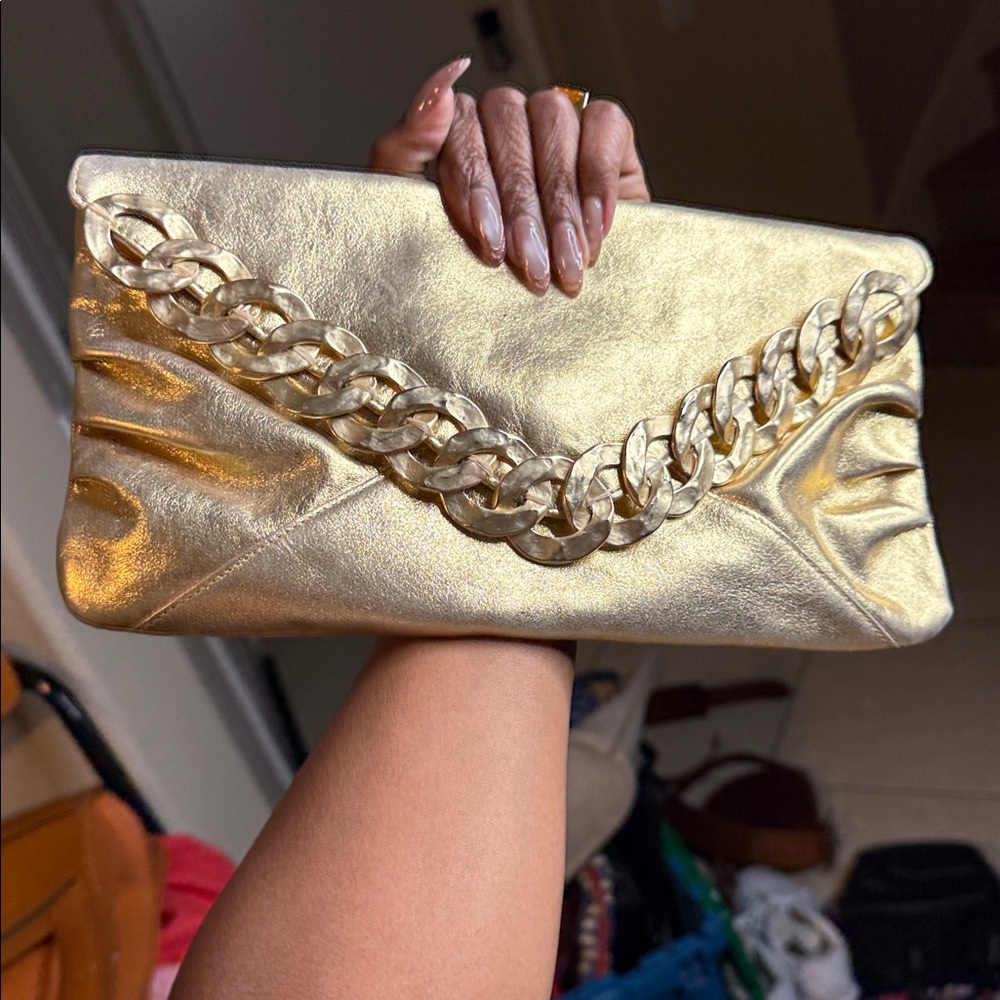 Kenneth Jay Lane Gold Metallic Chain Clutch